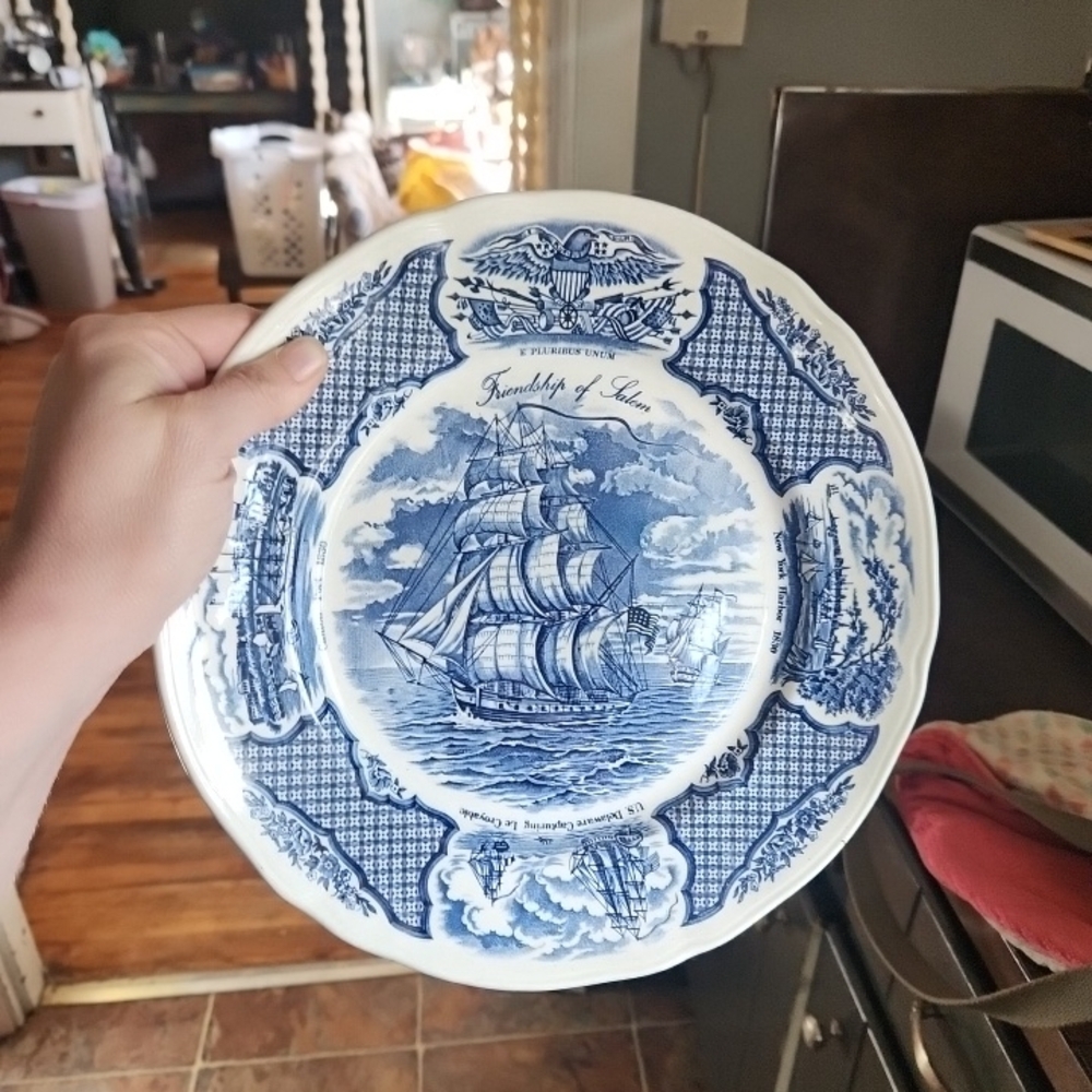 Antique Fair Winds Friendship Blue and White Nautical Dinner Plates Set Of 6